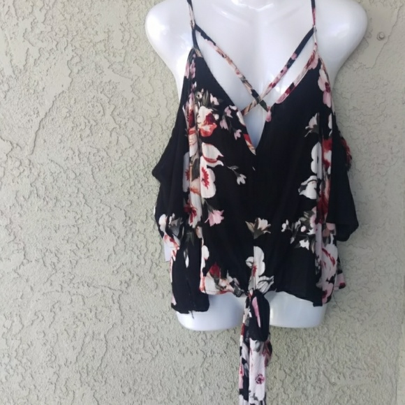 lilian Tops - Lilian black cold shoulder flower  blouse